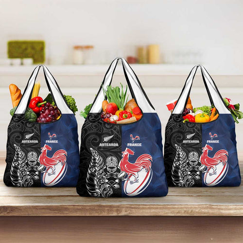 France And New Zealand Rugby Grocery Bag Les Bleus Rooster With Maori Tiki - Aussie Hoodie