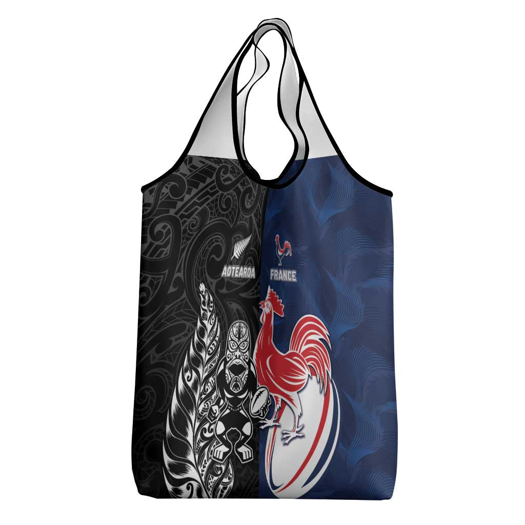 France And New Zealand Rugby Grocery Bag Les Bleus Rooster With Maori Tiki - Aussie Hoodie
