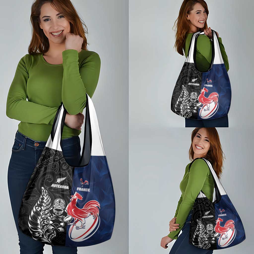 France And New Zealand Rugby Grocery Bag Les Bleus Rooster With Maori Tiki - Aussie Hoodie