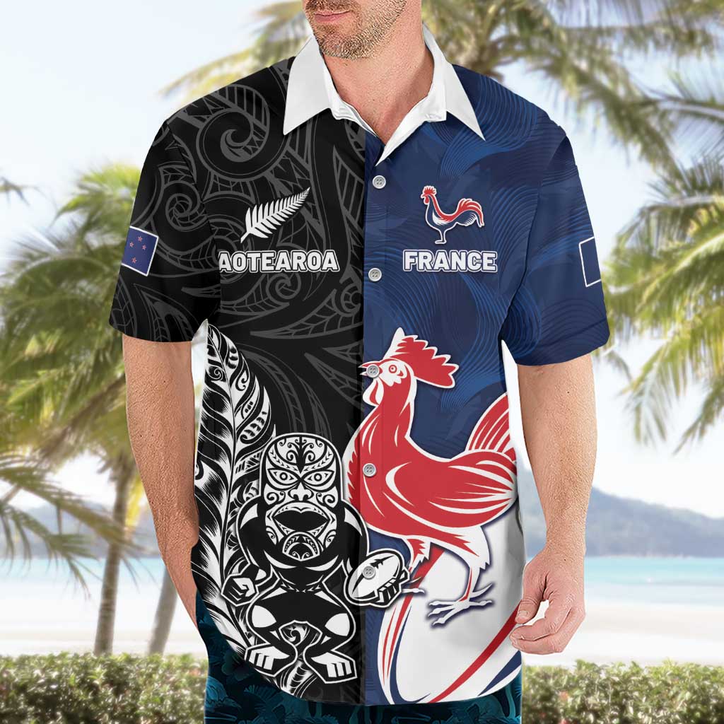 France And New Zealand Rugby Custom Hawaiian Shirt Les Bleus Rooster With Maori Tiki - Aussie Hoodie