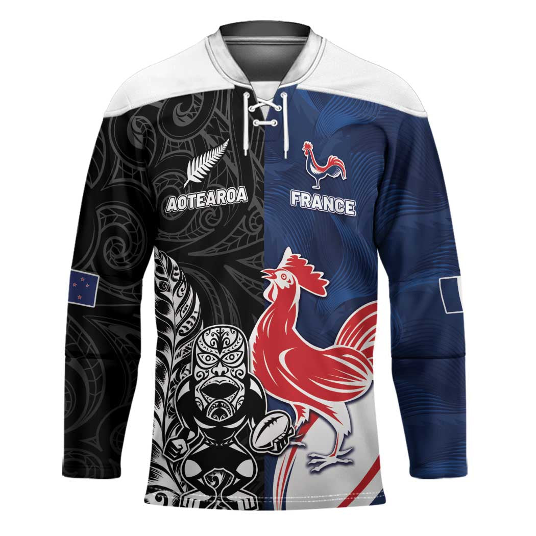 France And New Zealand Rugby Custom Hockey Jersey Les Bleus Rooster With Maori Tiki - Aussie Hoodie