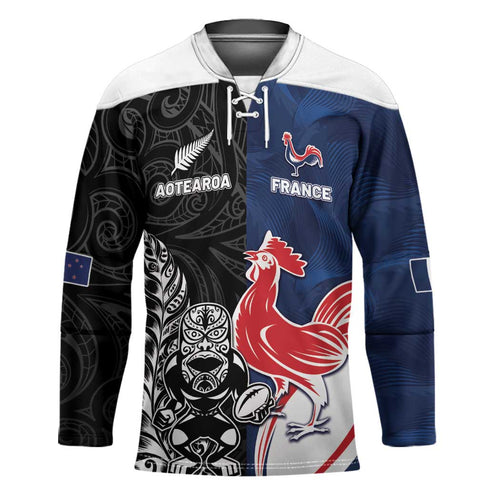 France And New Zealand Rugby Custom Hockey Jersey Les Bleus Rooster With Maori Tiki - Aussie Hoodie