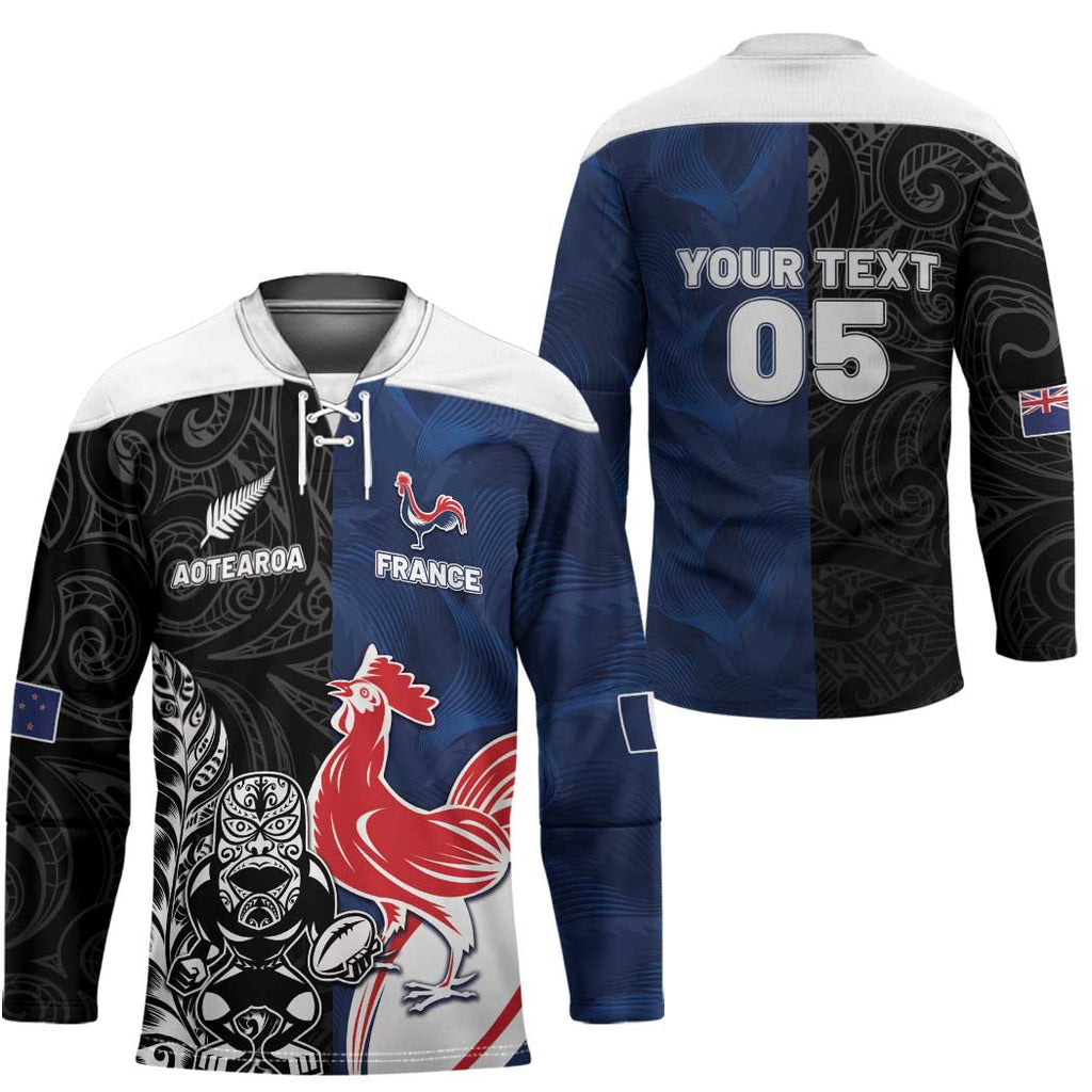 France And New Zealand Rugby Custom Hockey Jersey Les Bleus Rooster With Maori Tiki - Aussie Hoodie