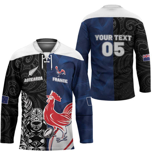 France And New Zealand Rugby Custom Hockey Jersey Les Bleus Rooster With Maori Tiki - Aussie Hoodie