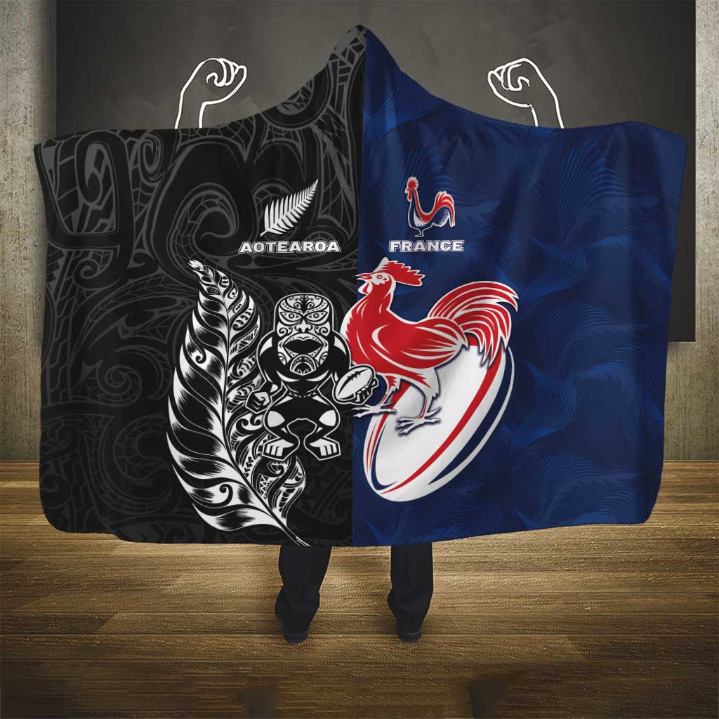 France And New Zealand Rugby Hooded Blanket Les Bleus Rooster With Maori Tiki - Aussie Hoodie