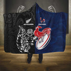 France And New Zealand Rugby Hooded Blanket Les Bleus Rooster With Maori Tiki - Aussie Hoodie