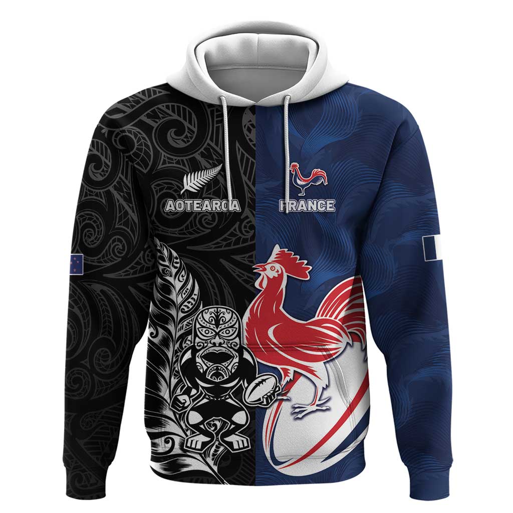 France And New Zealand Rugby Custom Hoodie Les Bleus Rooster With Maori Tiki - Aussie Hoodie