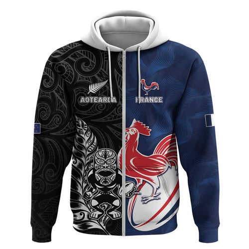 France And New Zealand Rugby Custom Hoodie Les Bleus Rooster With Maori Tiki - Aussie Hoodie