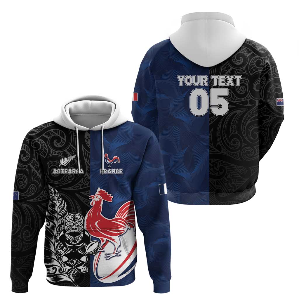 France And New Zealand Rugby Custom Hoodie Les Bleus Rooster With Maori Tiki - Aussie Hoodie