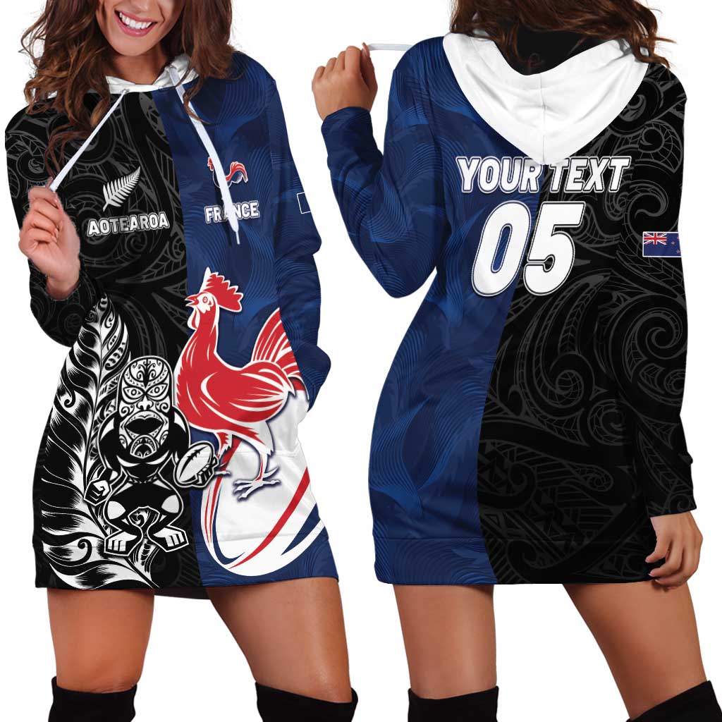 France And New Zealand Rugby Custom Hoodie Dress Les Bleus Rooster With Maori Tiki - Aussie Hoodie