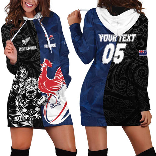 France And New Zealand Rugby Custom Hoodie Dress Les Bleus Rooster With Maori Tiki - Aussie Hoodie