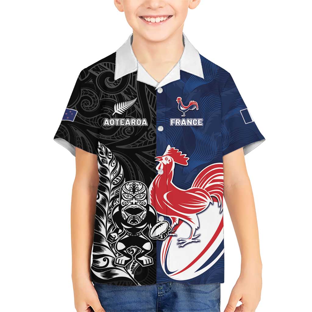France And New Zealand Rugby Custom Kid Hawaiian Shirt Les Bleus Rooster With Maori Tiki - Aussie Hoodie