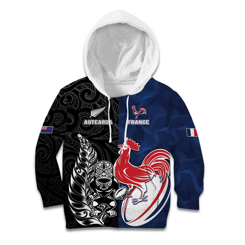 France And New Zealand Rugby Custom Kid Hoodie Les Bleus Rooster With Maori Tiki - Aussie Hoodie