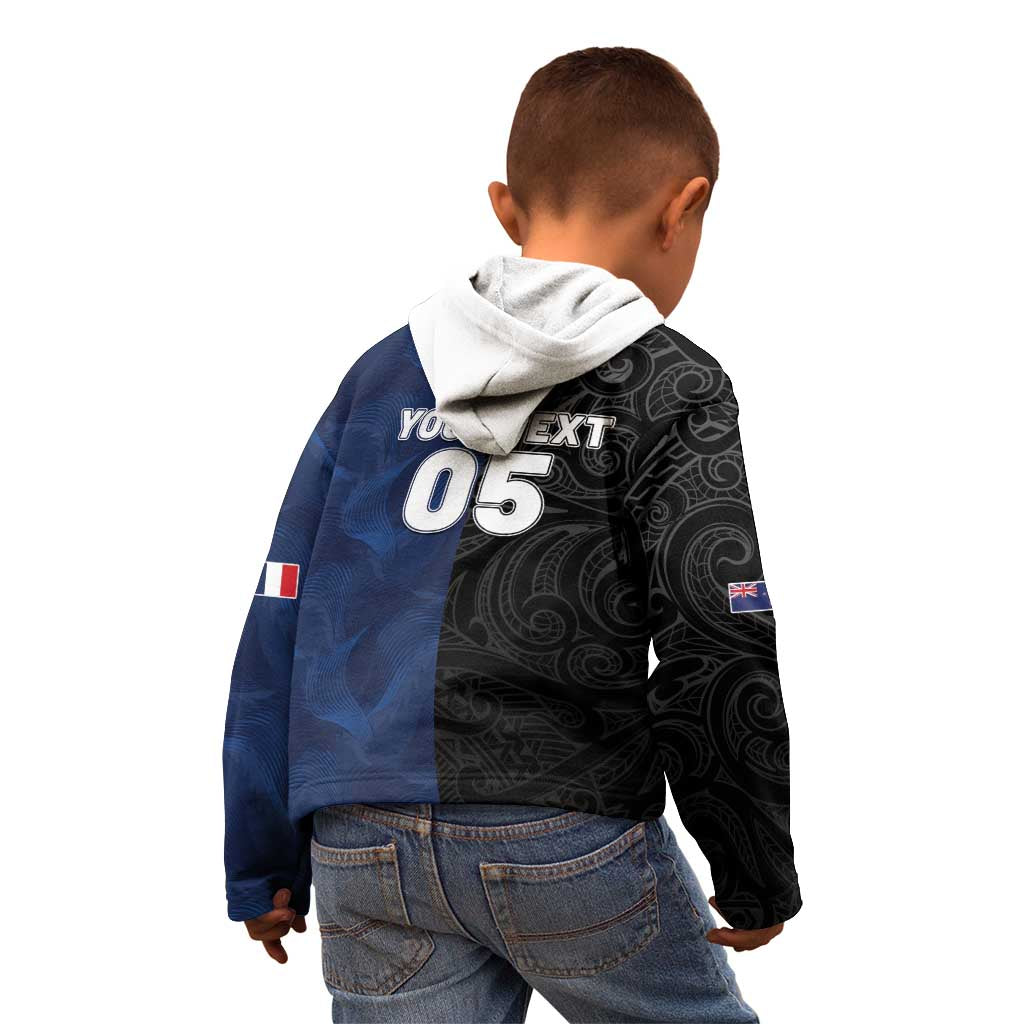 France And New Zealand Rugby Custom Kid Hoodie Les Bleus Rooster With Maori Tiki - Aussie Hoodie