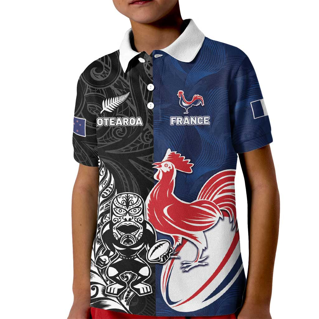 France And New Zealand Rugby Custom Kid Polo Shirt Les Bleus Rooster With Maori Tiki - Aussie Hoodie