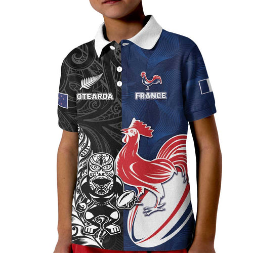 France And New Zealand Rugby Custom Kid Polo Shirt Les Bleus Rooster With Maori Tiki - Aussie Hoodie