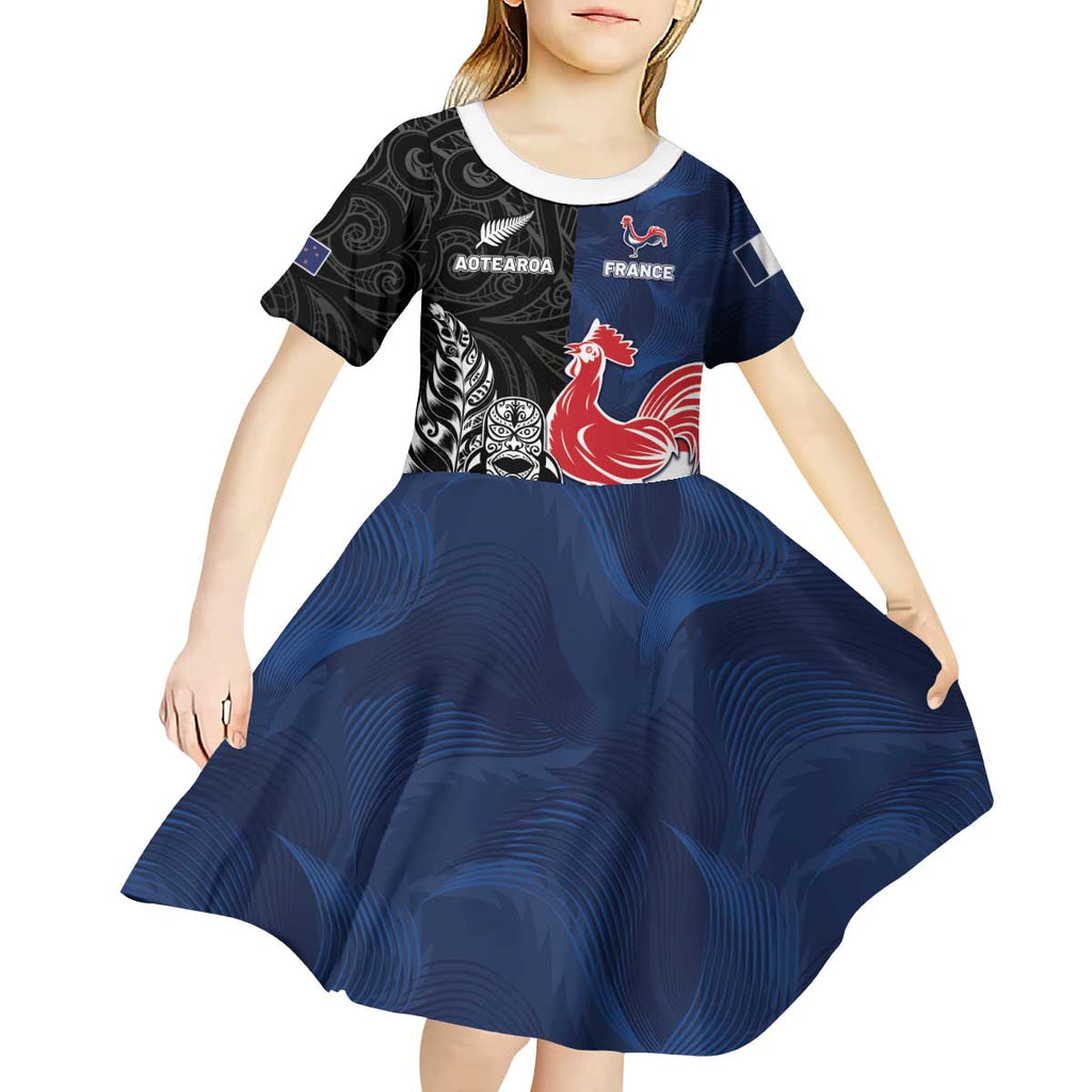 France And New Zealand Rugby Custom Kid Short Sleeve Dress Les Bleus Rooster With Maori Tiki - Aussie Hoodie