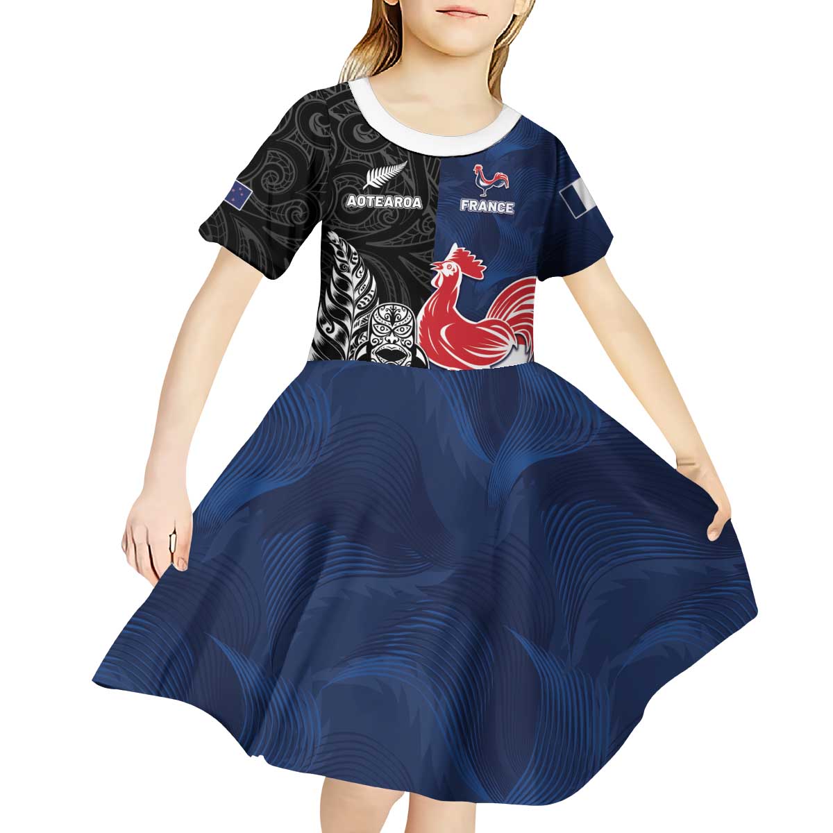 France And New Zealand Rugby Custom Kid Short Sleeve Dress Les Bleus Rooster With Maori Tiki - Aussie Hoodie