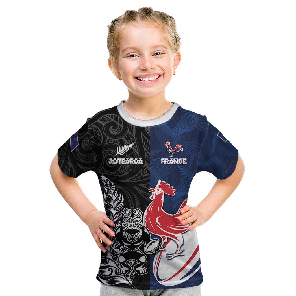 France And New Zealand Rugby Custom Kid T Shirt Les Bleus Rooster With Maori Tiki - Aussie Hoodie