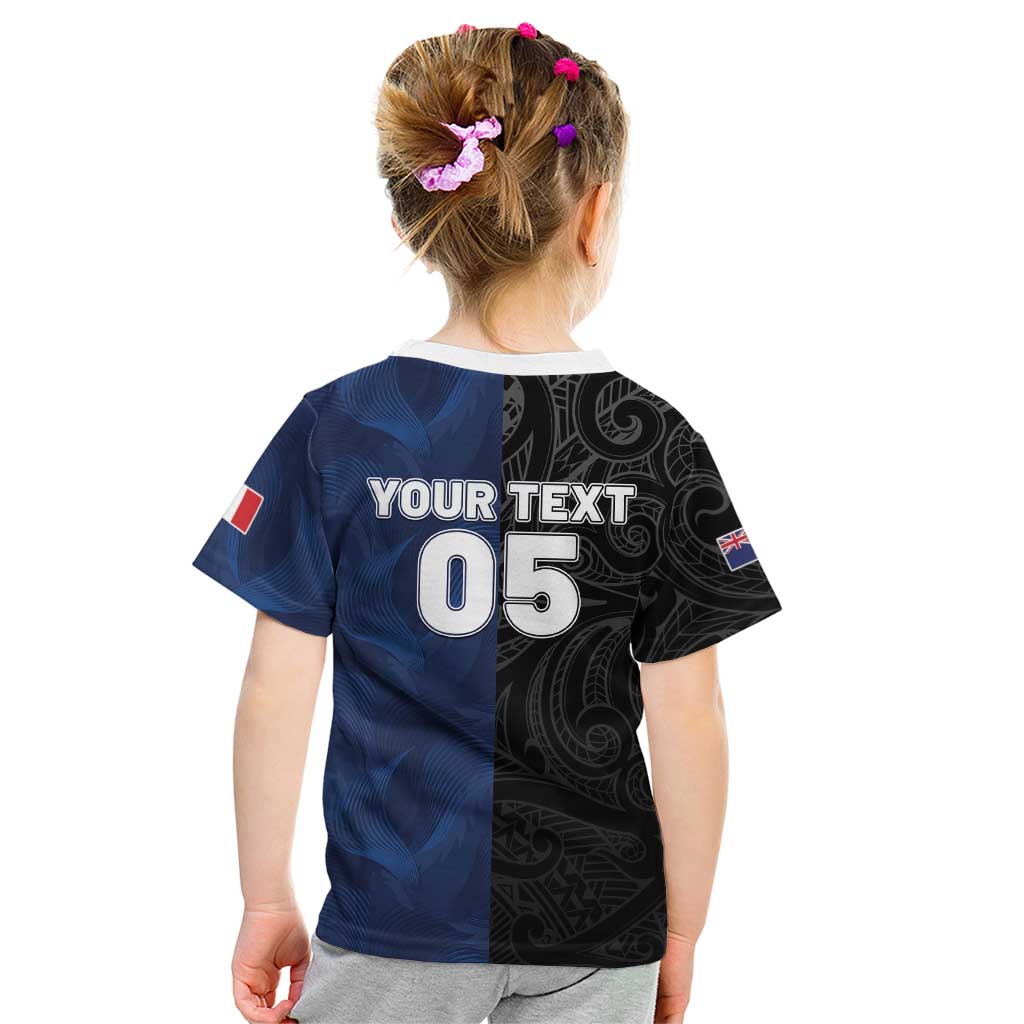 France And New Zealand Rugby Custom Kid T Shirt Les Bleus Rooster With Maori Tiki - Aussie Hoodie