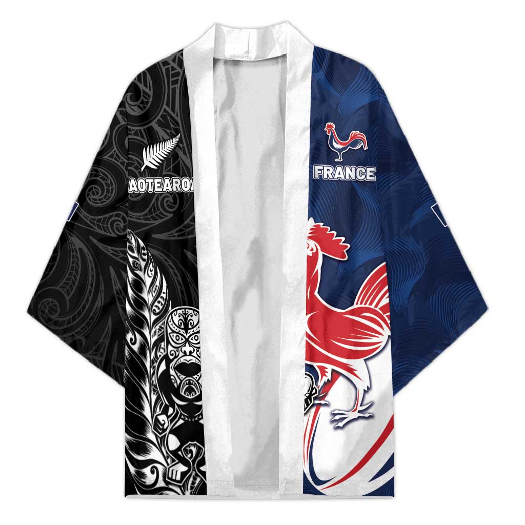 France And New Zealand Rugby Custom Kimono Les Bleus Rooster With Maori Tiki - Aussie Hoodie