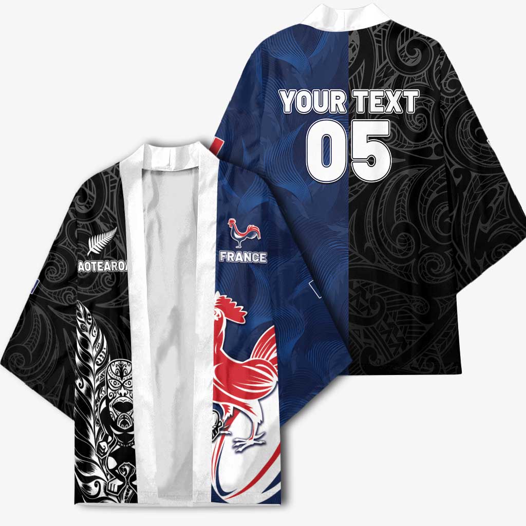 France And New Zealand Rugby Custom Kimono Les Bleus Rooster With Maori Tiki - Aussie Hoodie