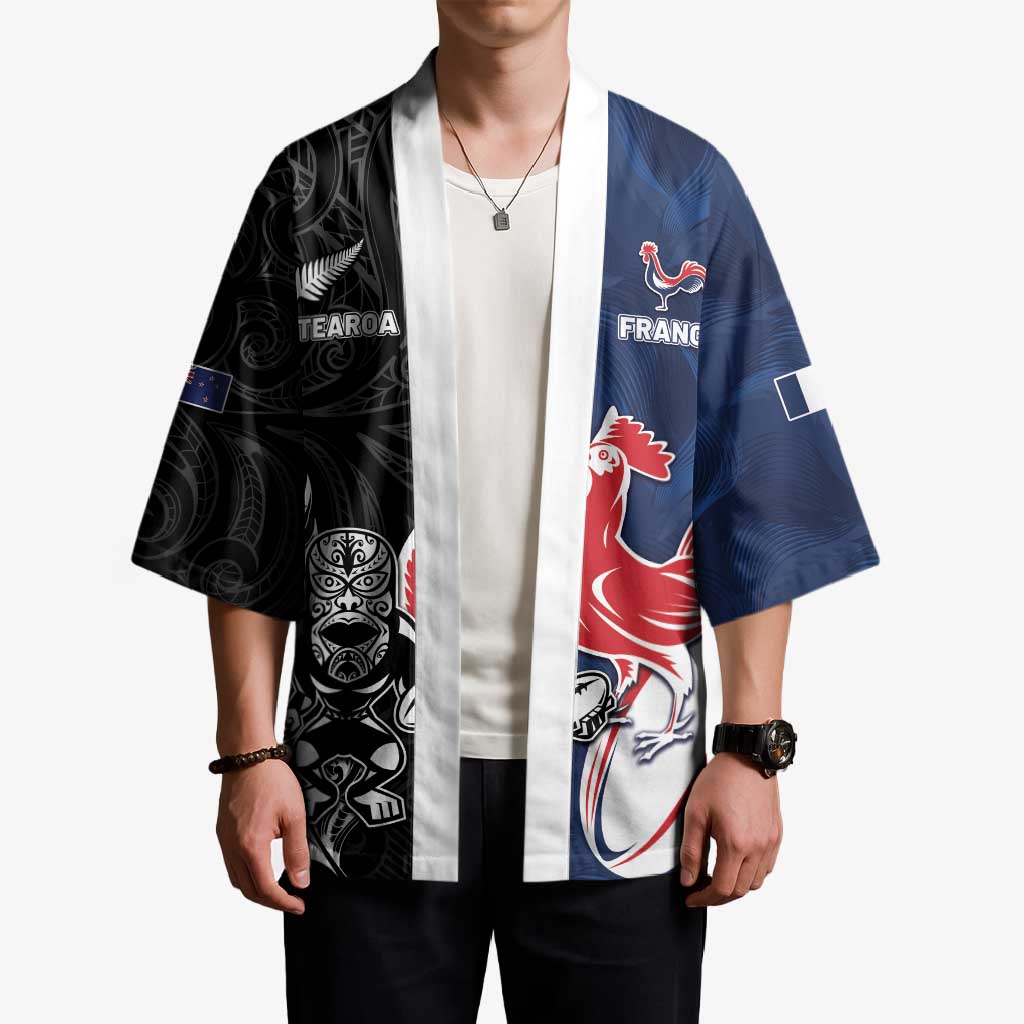 France And New Zealand Rugby Custom Kimono Les Bleus Rooster With Maori Tiki - Aussie Hoodie