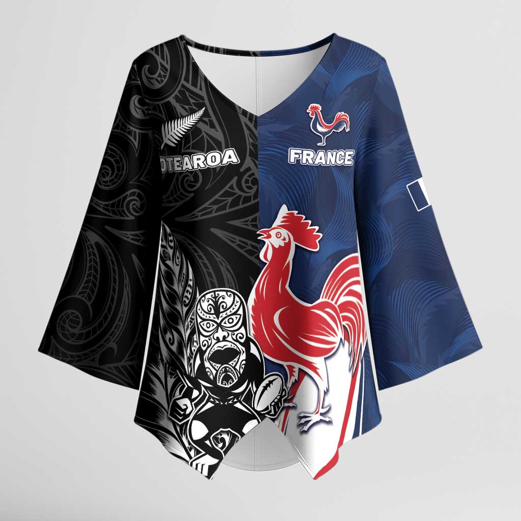 France And New Zealand Rugby Custom Kimono Sleeve Blouse Les Bleus Rooster With Maori Tiki - Aussie Hoodie