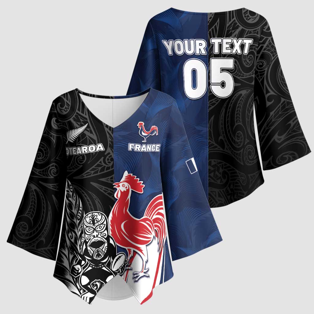 France And New Zealand Rugby Custom Kimono Sleeve Blouse Les Bleus Rooster With Maori Tiki - Aussie Hoodie