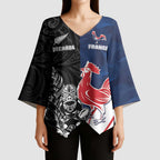 France And New Zealand Rugby Custom Kimono Sleeve Blouse Les Bleus Rooster With Maori Tiki - Aussie Hoodie