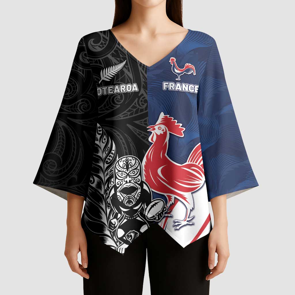 France And New Zealand Rugby Custom Kimono Sleeve Blouse Les Bleus Rooster With Maori Tiki - Aussie Hoodie