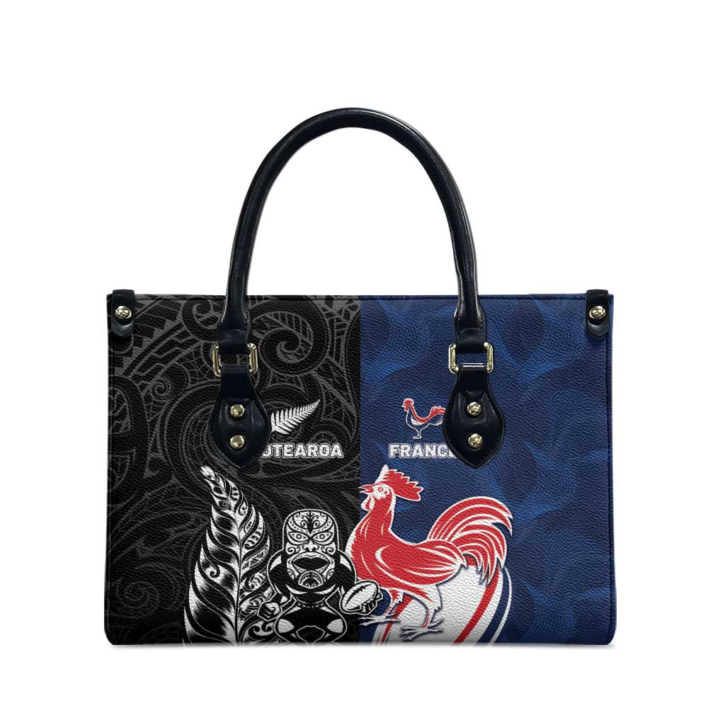 France And New Zealand Rugby Leather Bag Les Bleus Rooster With Maori Tiki - Aussie Hoodie