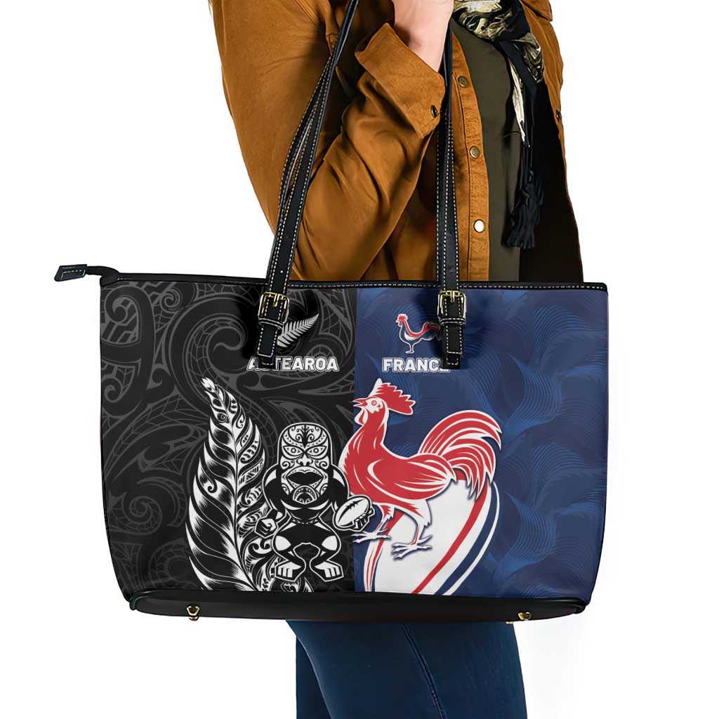 France And New Zealand Rugby Leather Tote Bag Les Bleus Rooster With Maori Tiki - Aussie Hoodie