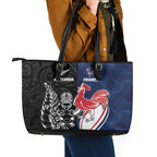 France And New Zealand Rugby Leather Tote Bag Les Bleus Rooster With Maori Tiki - Aussie Hoodie