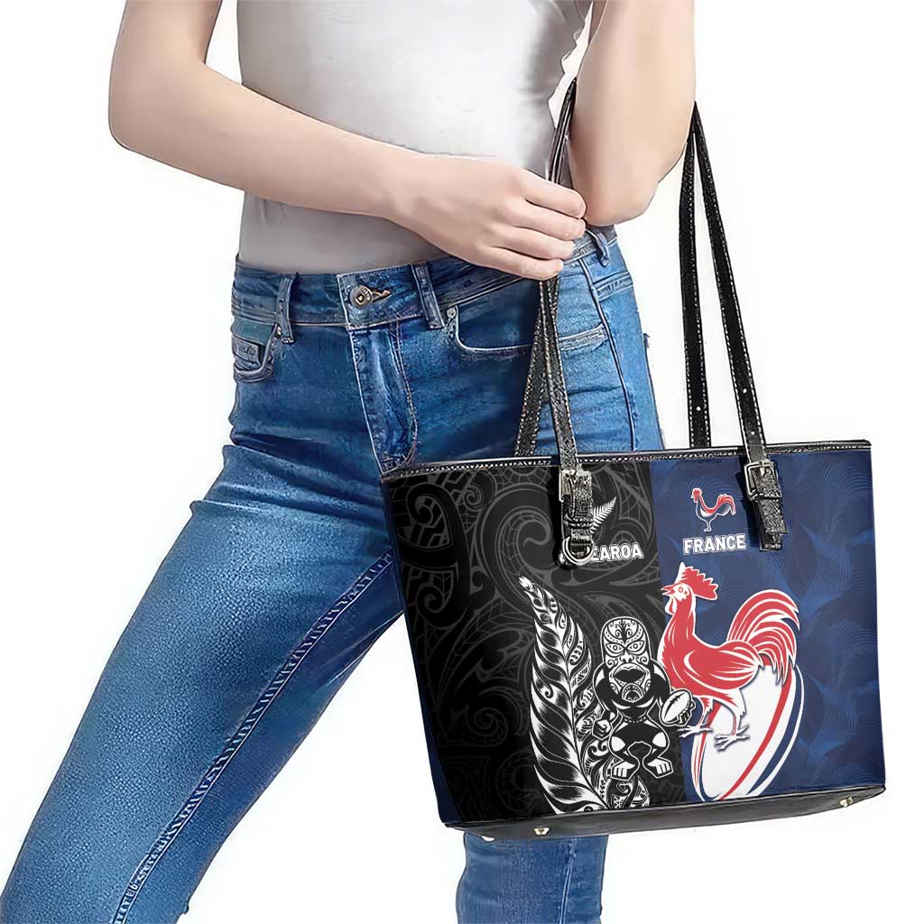 France And New Zealand Rugby Leather Tote Bag Les Bleus Rooster With Maori Tiki - Aussie Hoodie