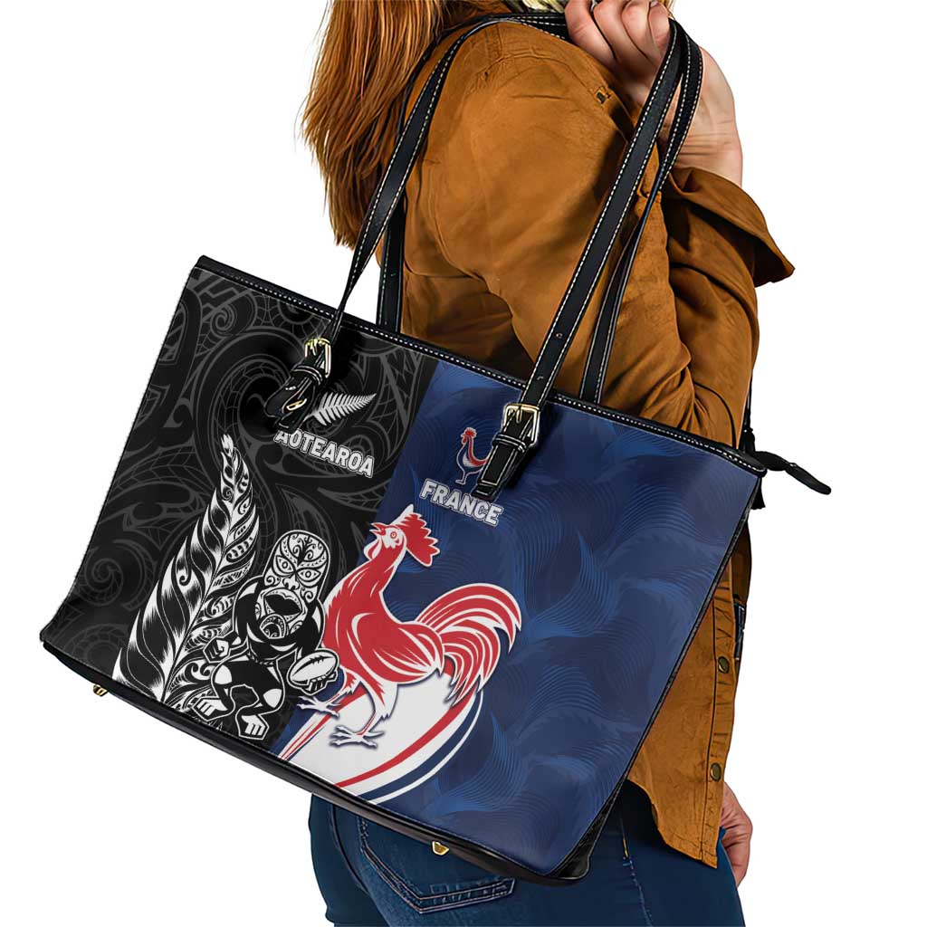France And New Zealand Rugby Leather Tote Bag Les Bleus Rooster With Maori Tiki - Aussie Hoodie