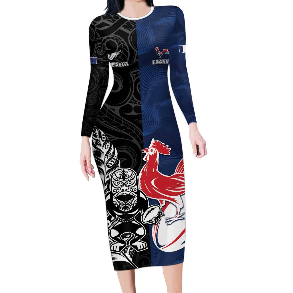 France And New Zealand Rugby Custom Long Sleeve Bodycon Dress Les Bleus Rooster With Maori Tiki - Aussie Hoodie