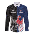 France And New Zealand Rugby Custom Long Sleeve Button Shirt Les Bleus Rooster With Maori Tiki - Aussie Hoodie
