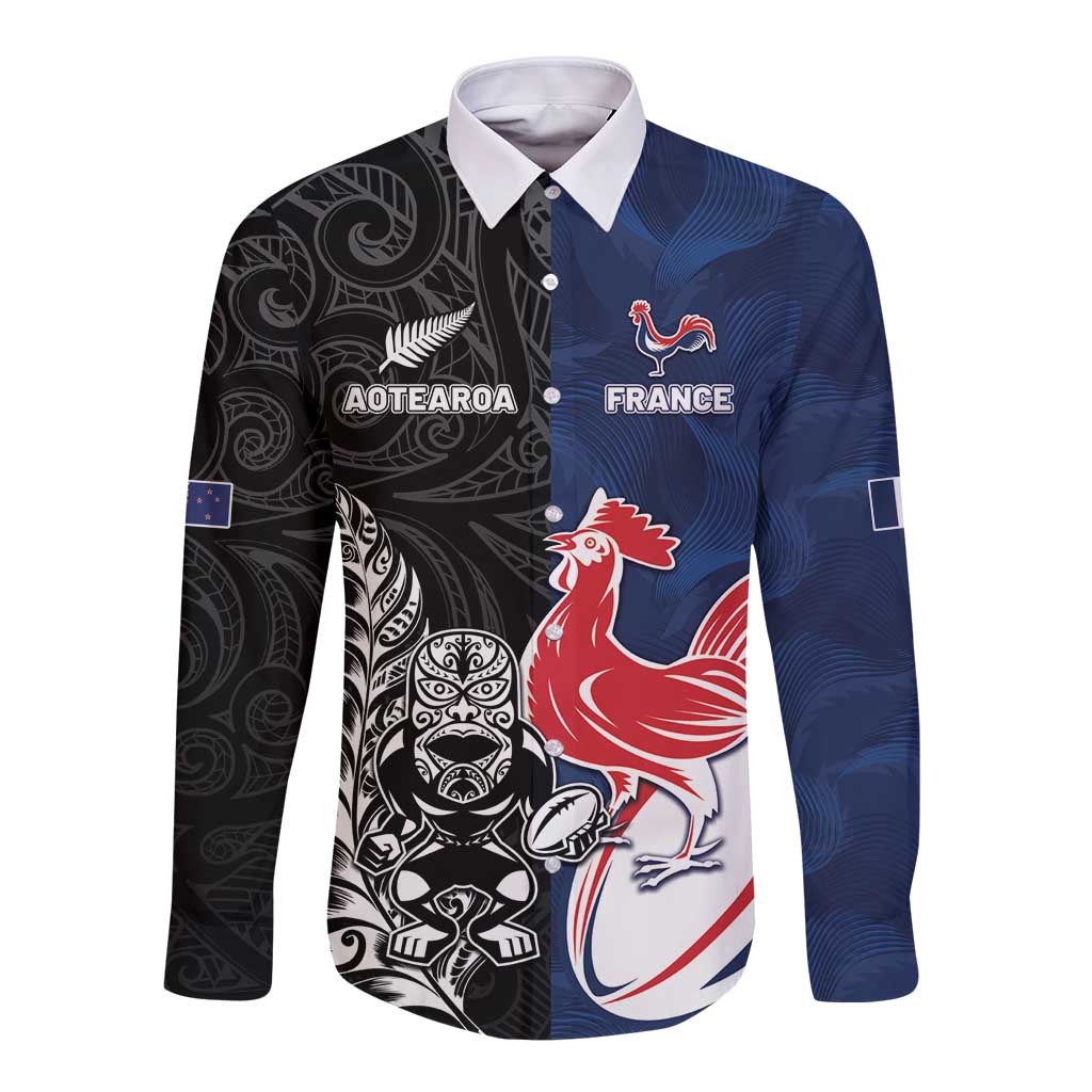 France And New Zealand Rugby Custom Long Sleeve Button Shirt Les Bleus Rooster With Maori Tiki - Aussie Hoodie