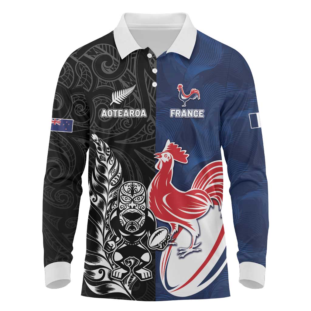 France And New Zealand Rugby Custom Long Sleeve Polo Shirt Les Bleus Rooster With Maori Tiki - Aussie Hoodie