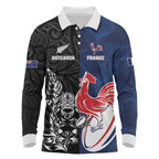 France And New Zealand Rugby Custom Long Sleeve Polo Shirt Les Bleus Rooster With Maori Tiki - Aussie Hoodie