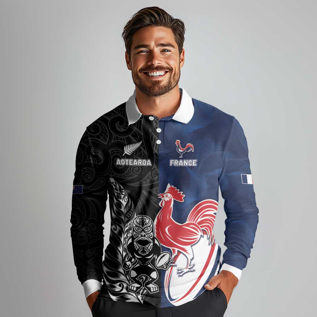 France And New Zealand Rugby Custom Long Sleeve Polo Shirt Les Bleus Rooster With Maori Tiki - Aussie Hoodie