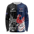 France And New Zealand Rugby Custom Long Sleeve Shirt Les Bleus Rooster With Maori Tiki - Aussie Hoodie