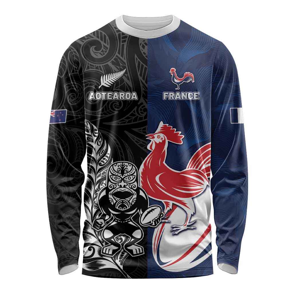 France And New Zealand Rugby Custom Long Sleeve Shirt Les Bleus Rooster With Maori Tiki - Aussie Hoodie