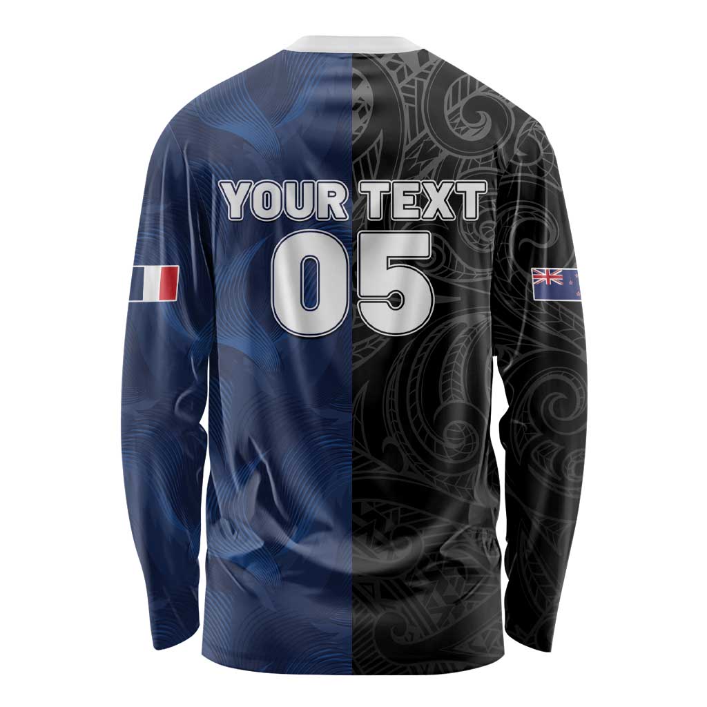 France And New Zealand Rugby Custom Long Sleeve Shirt Les Bleus Rooster With Maori Tiki - Aussie Hoodie