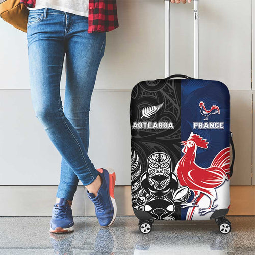 France And New Zealand Rugby Luggage Cover Les Bleus Rooster With Maori Tiki - Aussie Hoodie