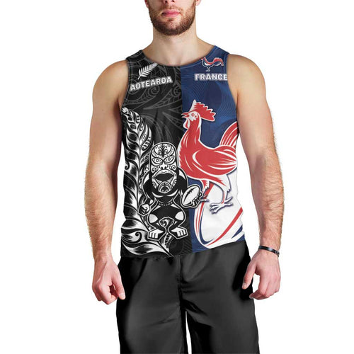 France And New Zealand Rugby Custom Men Tank Top Les Bleus Rooster With Maori Tiki - Aussie Hoodie