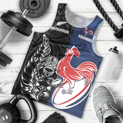 France And New Zealand Rugby Custom Men Tank Top Les Bleus Rooster With Maori Tiki - Aussie Hoodie
