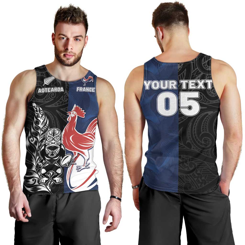 France And New Zealand Rugby Custom Men Tank Top Les Bleus Rooster With Maori Tiki - Aussie Hoodie