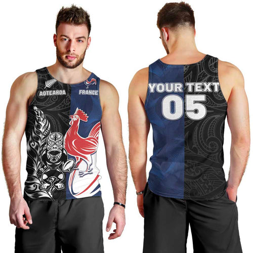 France And New Zealand Rugby Custom Men Tank Top Les Bleus Rooster With Maori Tiki - Aussie Hoodie